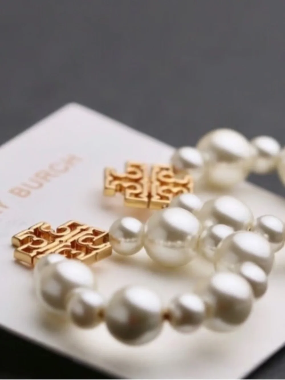 Tory Burch Gold Logo and Ivory Pearl Drop Earrings - Picture 5 of 5
